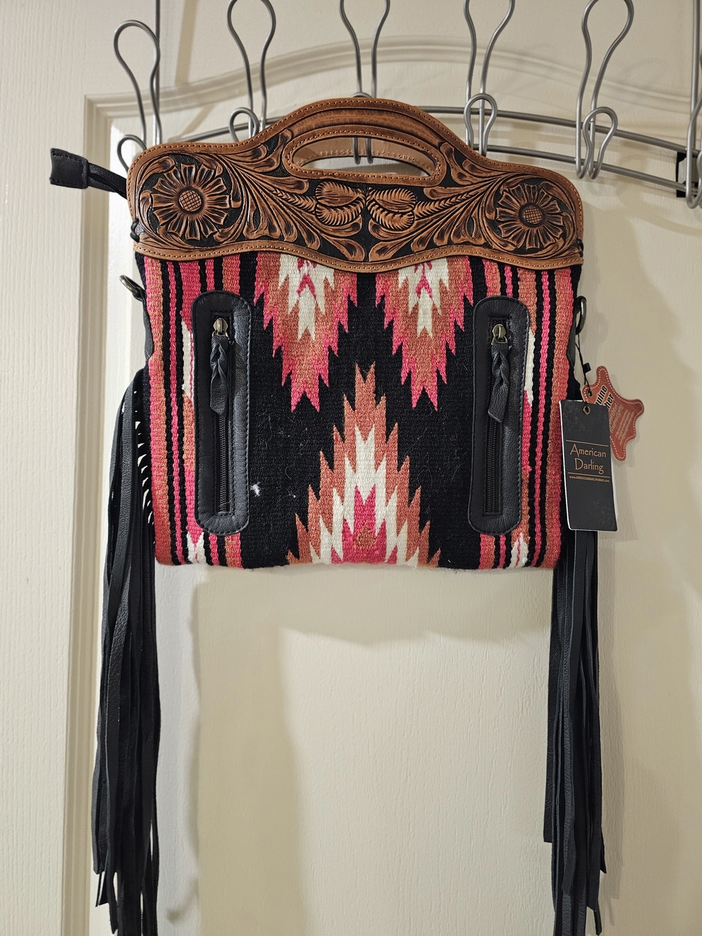 American Darling Black & Pink Southwestern Fringe Handbag